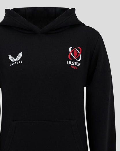 Close up of black ULSter Junior 24/25 Hoody showing Castore logo on left chest and Ulster Rugby crest on right