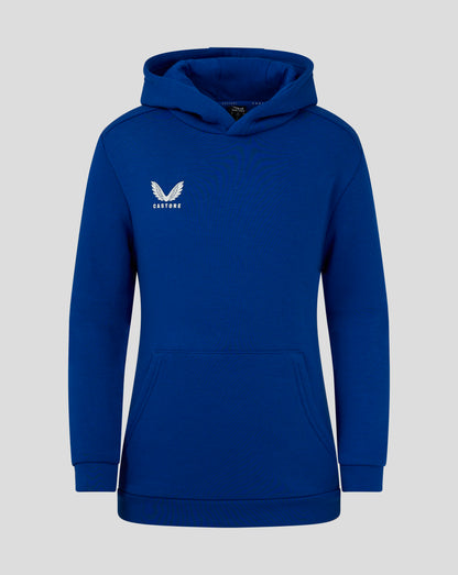 Blue junior cotton leisure hoodie with white Castore logo on chest hood and front kangaroo pocket.