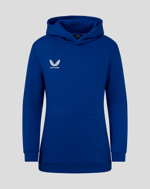 Blue junior cotton leisure hoodie with white Castore logo on chest hood and front kangaroo pocket.