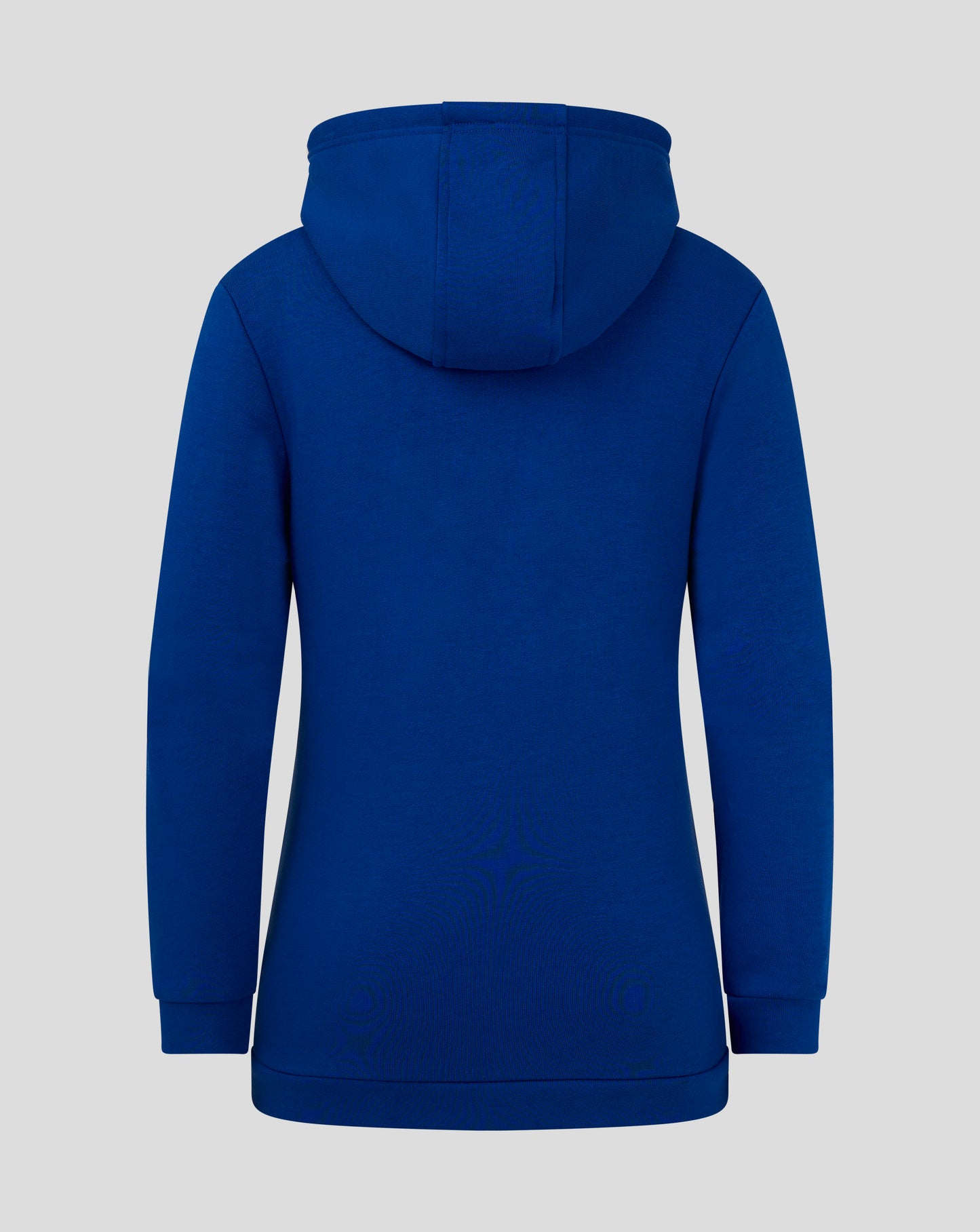 Back view of blue Castore Junior Cotton Leisure Hoodie with hood up and clean seam details.
