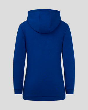 Back view of blue Castore Junior Cotton Leisure Hoodie with hood up and clean seam details.