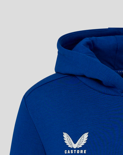 Close up of the blue hood from the back of the Junior Cotton Leisure Hoodie.