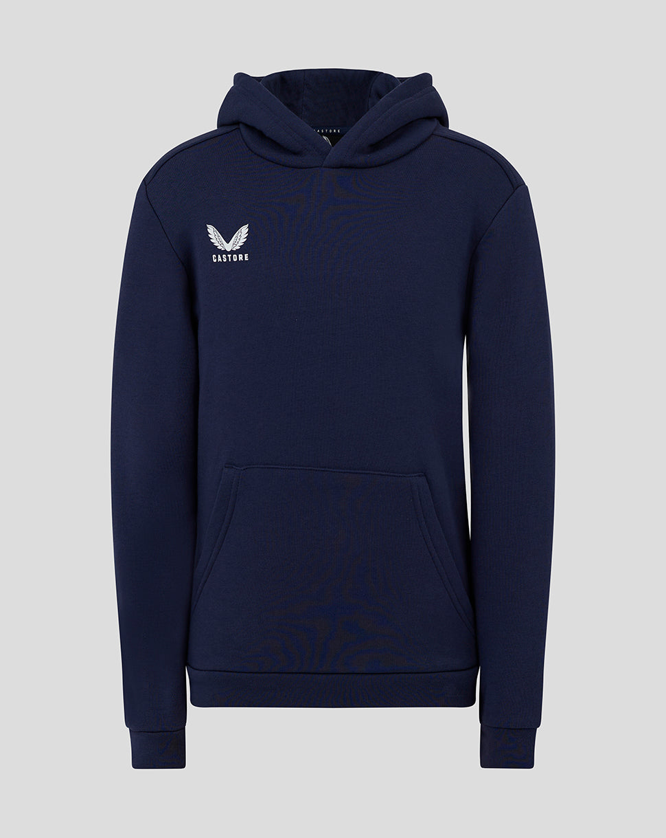 Front view of navy junior cotton leisure hoodie with kangaroo pocket and white Castore logo