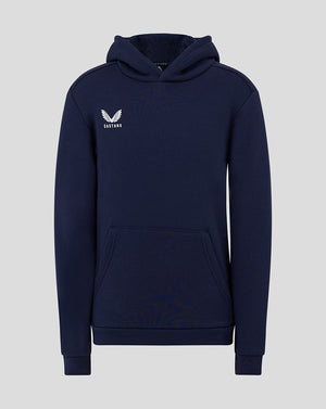 Front view of navy junior cotton leisure hoodie with kangaroo pocket and white Castore logo