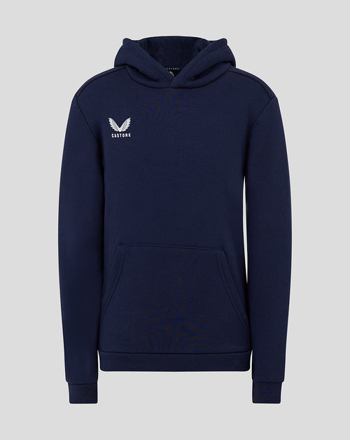 Front view of navy junior cotton leisure hoodie with kangaroo pocket and white Castore logo
