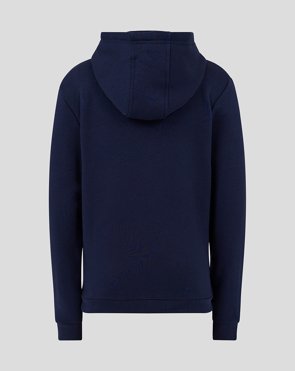 Back view of navy junior cotton leisure hoodie showing hood and simple silhouette