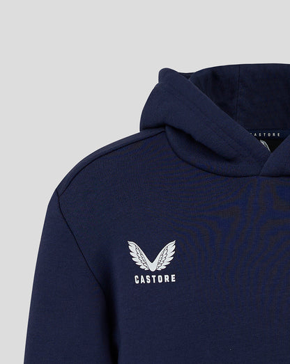 Navy junior cotton leisure hoodie with white Castore logo on the chest and hood edge visible