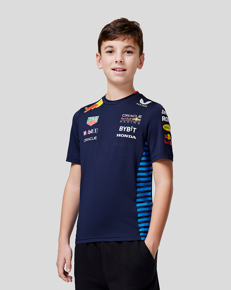 Junior navy Set Up Tee with Oracle Red Bull Racing logos on the chest and blue side panels