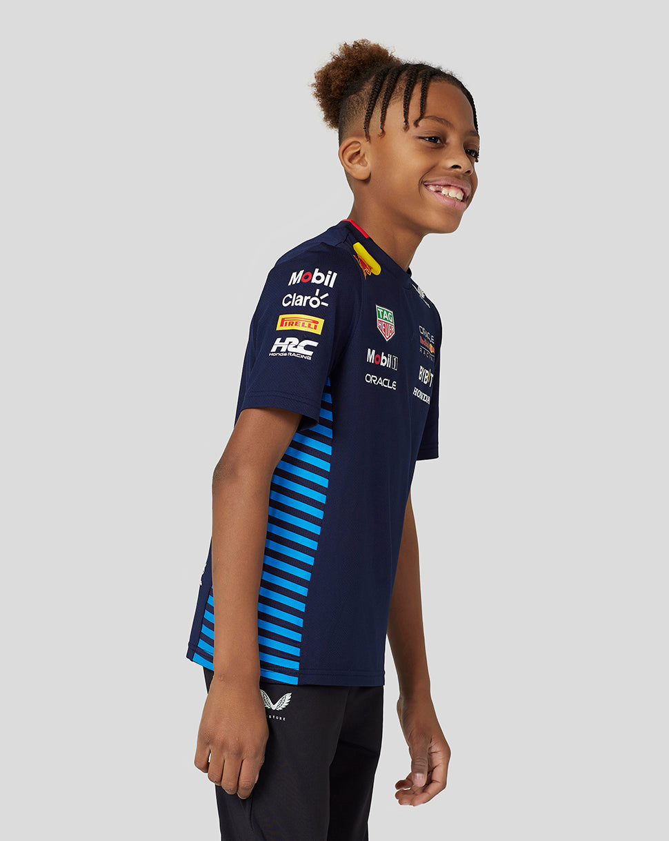 Junior Oracle Red Bull Racing Set Up Tee Night Sky navy with blue side stripes and sponsor logos