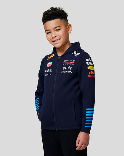 Junior Teamline full zip hoodie in night sky with sponsor logos on the chest and sleeve front view