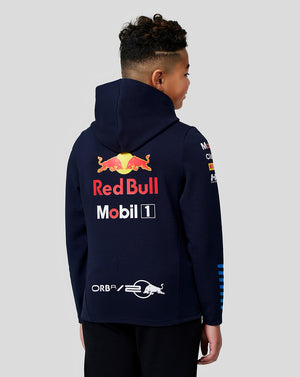 Back view of navy Oracle Red Bull Racing Junior Teamline Full Zip Hoodie with a large Red Bull logo and sponsor graphics