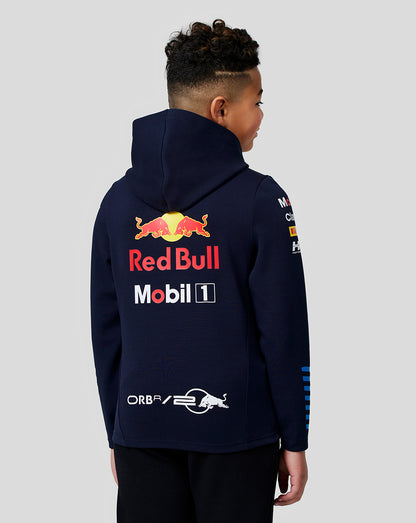 Back view of navy Oracle Red Bull Racing Junior Teamline Full Zip Hoodie with a large Red Bull logo and sponsor graphics