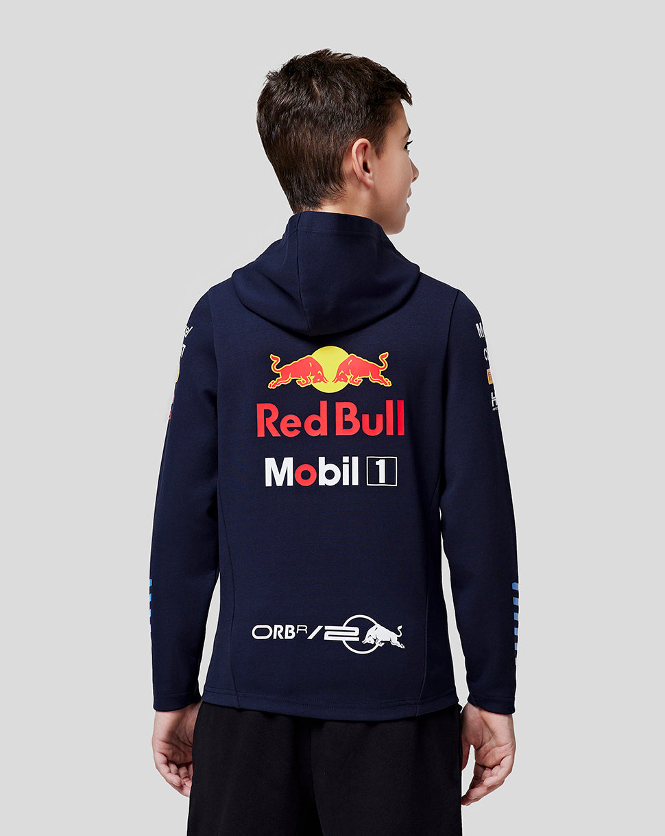 Back view of a navy Junior Teamline hoodie showing large Red Bull Mobil 1 logos and racing graphics