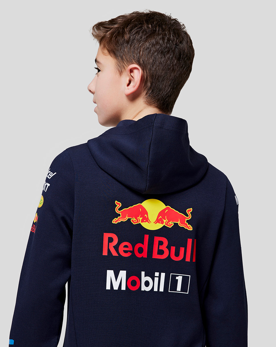 Back view of a navy Oracle Red Bull Racing Teamline hoodie with a large Red Bull graphic across the back