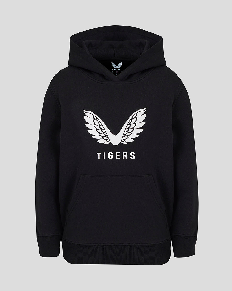 Front view of black Leicester Tigers Junior 25/26 Travel Brushed Back hoodie with white wing logo and TIGERS text