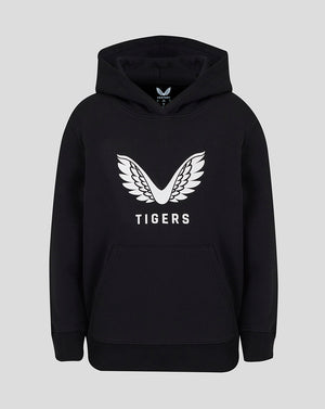 Front view of black Leicester Tigers Junior 25/26 Travel Brushed Back hoodie with white wing logo and TIGERS text