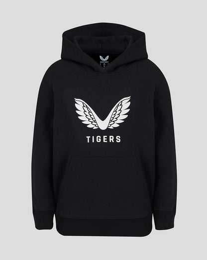 Front view of black Leicester Tigers Junior 25/26 Travel Brushed Back hoodie with white wing logo and TIGERS text