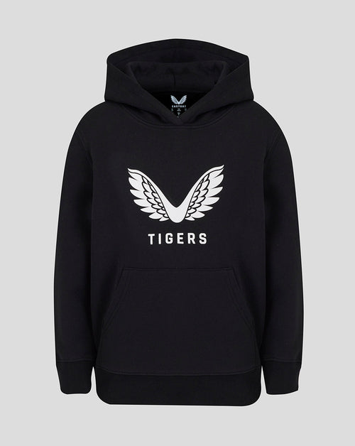 Front view of black Leicester Tigers Junior 25/26 Travel Brushed Back hoodie with white wing logo and TIGERS text