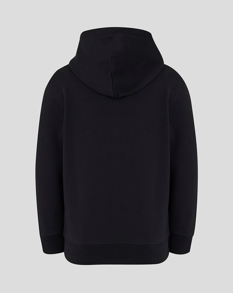 Back view of the black Leicester Tigers junior travel brushed back hoodie showing a plain back and an attached hood.