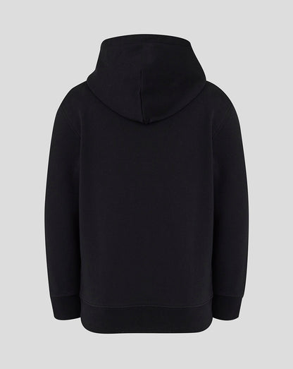 Back view of the black Leicester Tigers junior travel brushed back hoodie showing a plain back and an attached hood.