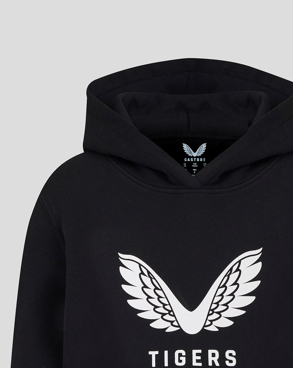 Front view of a black Leicester Tigers junior travel brushed back hoodie with a prominent white wing crest and TIGERS lettering.