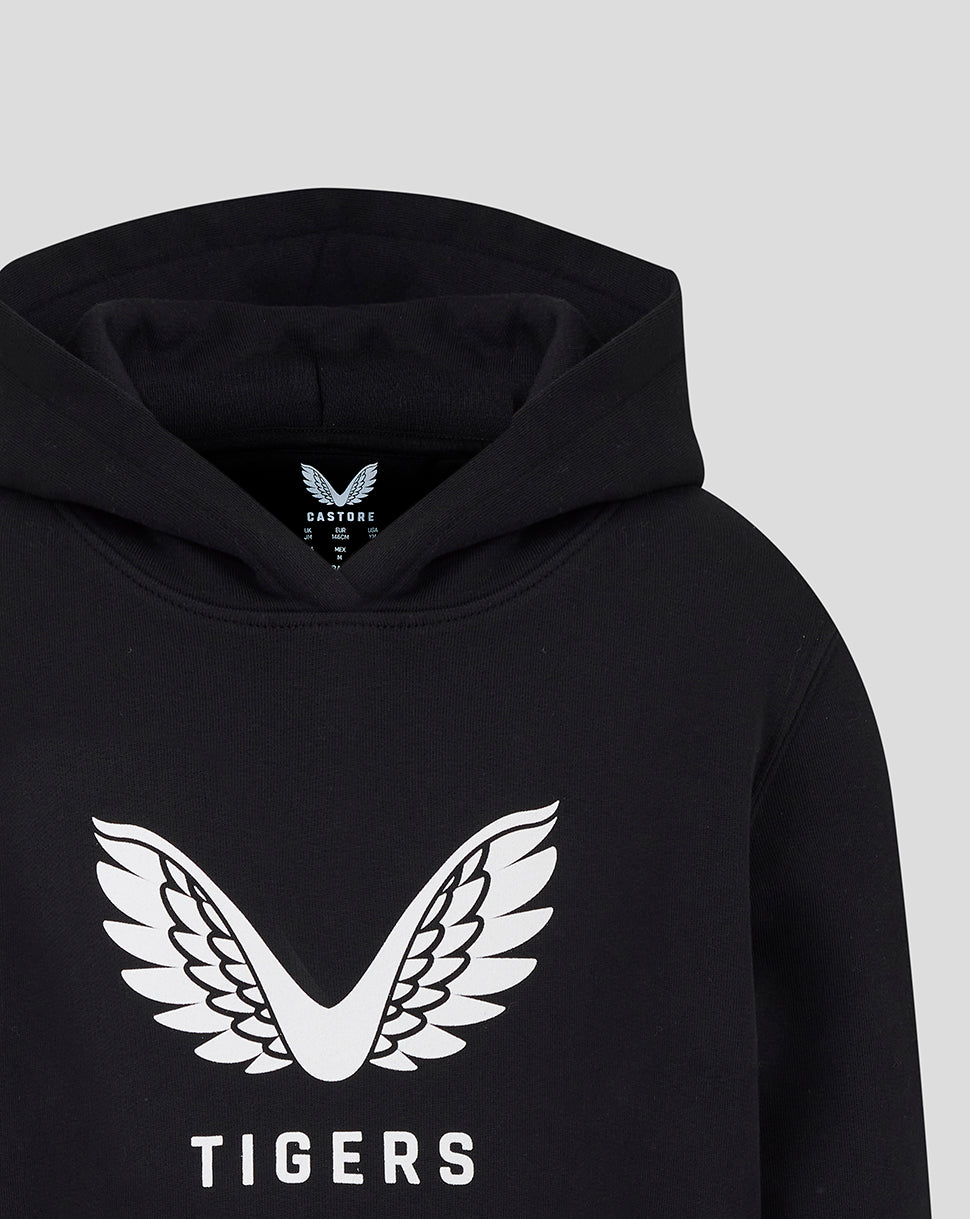 Black Leicester Tigers junior travel brushed back hoodie with a large white wing logo on the chest.