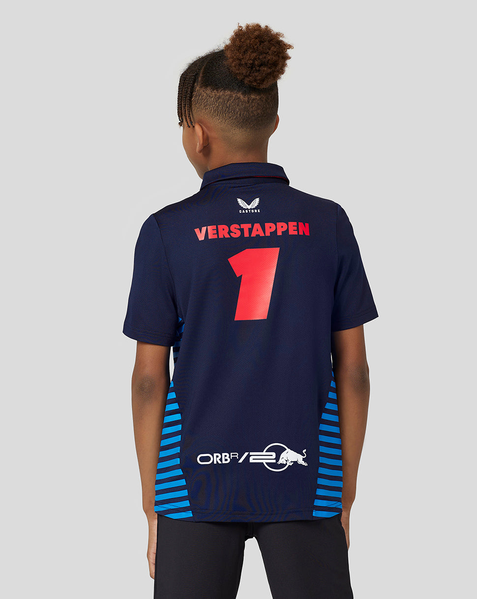 Back view of a navy Verstappen junior polo showing the name Verstappen and number 1 with blue stripe panels.