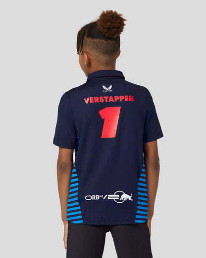 Back view of a navy Verstappen junior polo showing the name Verstappen and number 1 with blue stripe panels.