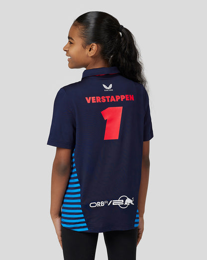 Back view of a navy Oracle Red Bull Racing Junior polo with Verstappen 1 on the back