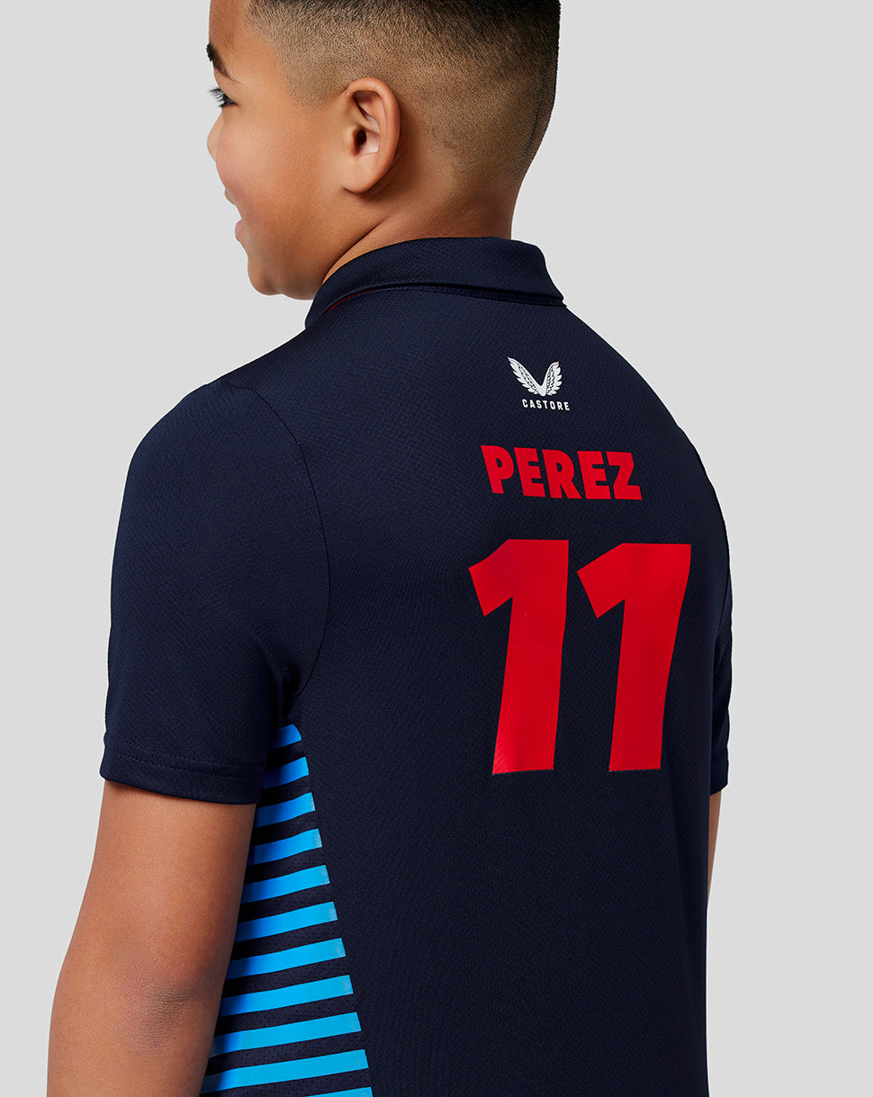Back view of a navy junior polo with Perez 11 in red and blue striped side panels