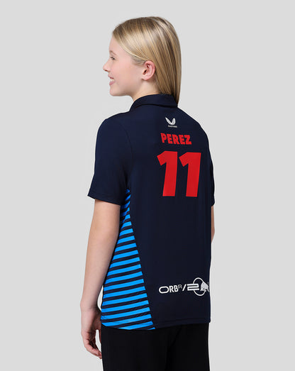 Back and side view of a girl in a navy teamline polo featuring PEREZ 11 on the back and blue stripe details