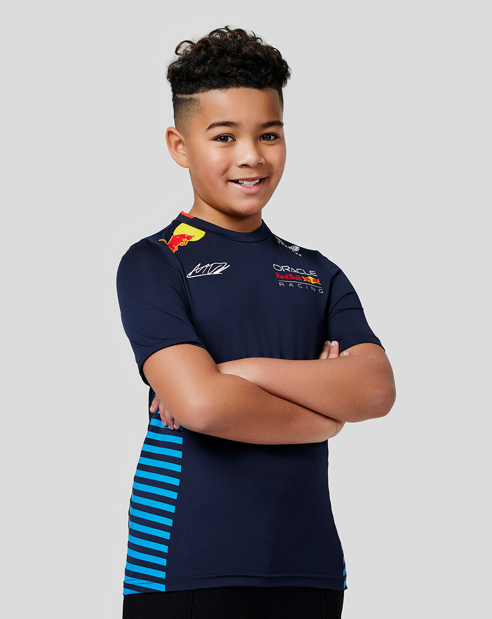 Boy wearing navy Max Verstappen Oracle Red Bull Racing T shirt with side mesh panels.
