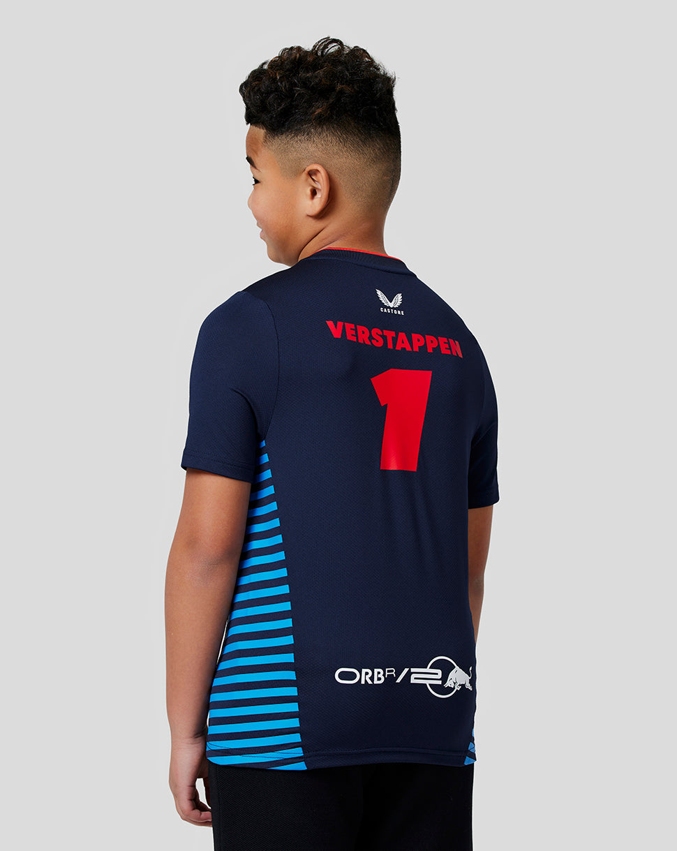 Back view of a junior navy Verstappen Teamline T Shirt with VERSTAPPEN and large red 1 on the back and blue side stripes.