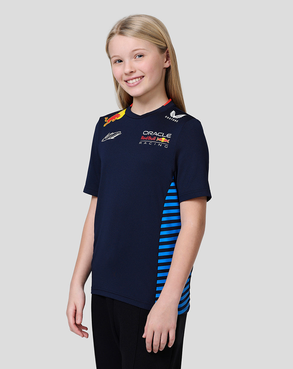 Front view of a junior navy Oracle Red Bull Racing Teamline T Shirt with chest logos and blue side stripes.