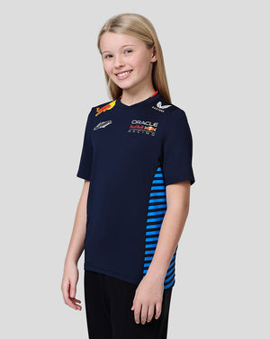 Front view of a junior navy Oracle Red Bull Racing Teamline T Shirt with chest logos and blue side stripes.