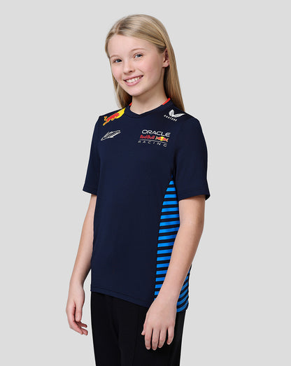 Front view of a junior navy Oracle Red Bull Racing Teamline T Shirt with chest logos and blue side stripes.
