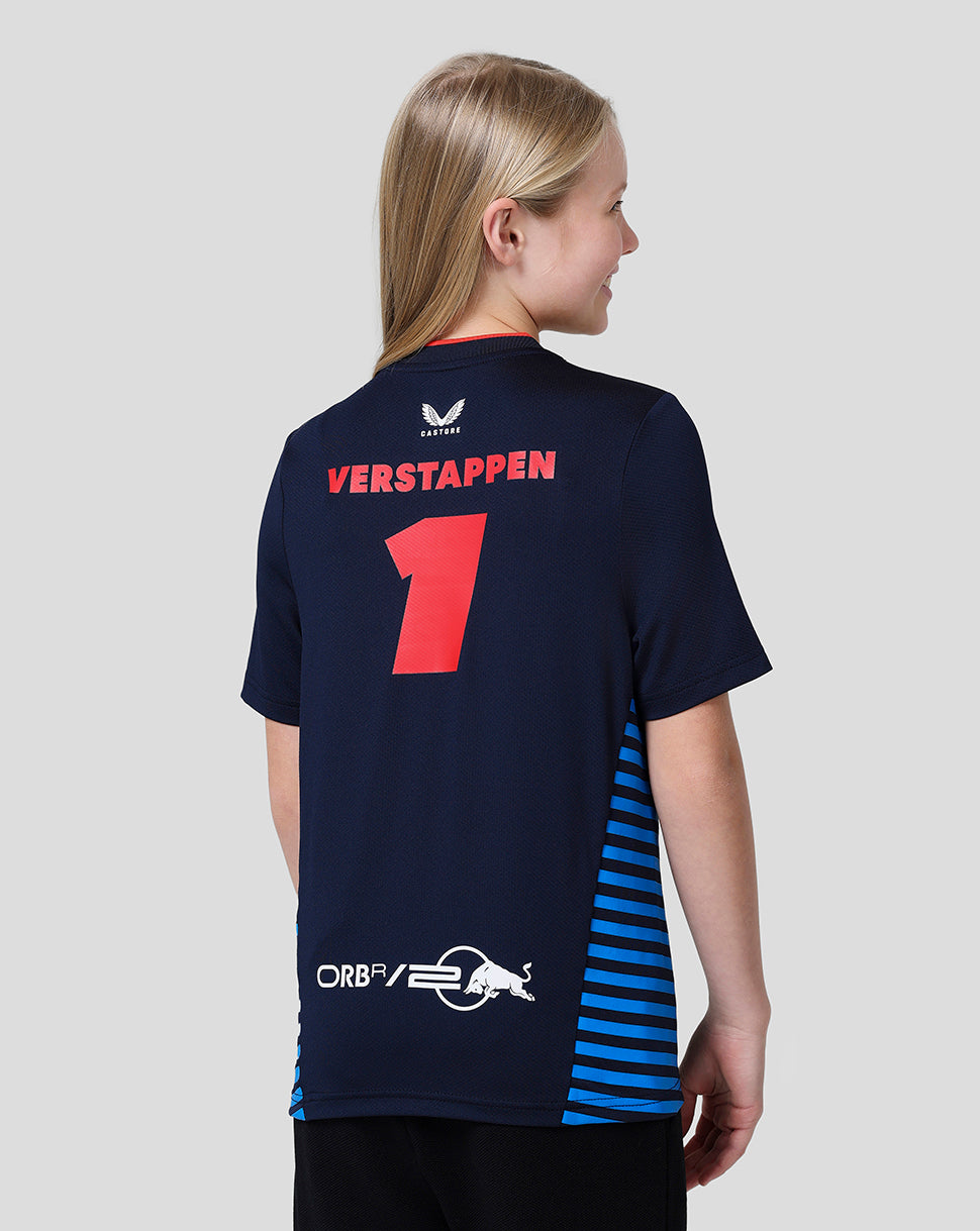 Rear angled view of the navy Verstappen Teamline T Shirt showing VERSTAPPEN 1 on the back with blue striped side panels.