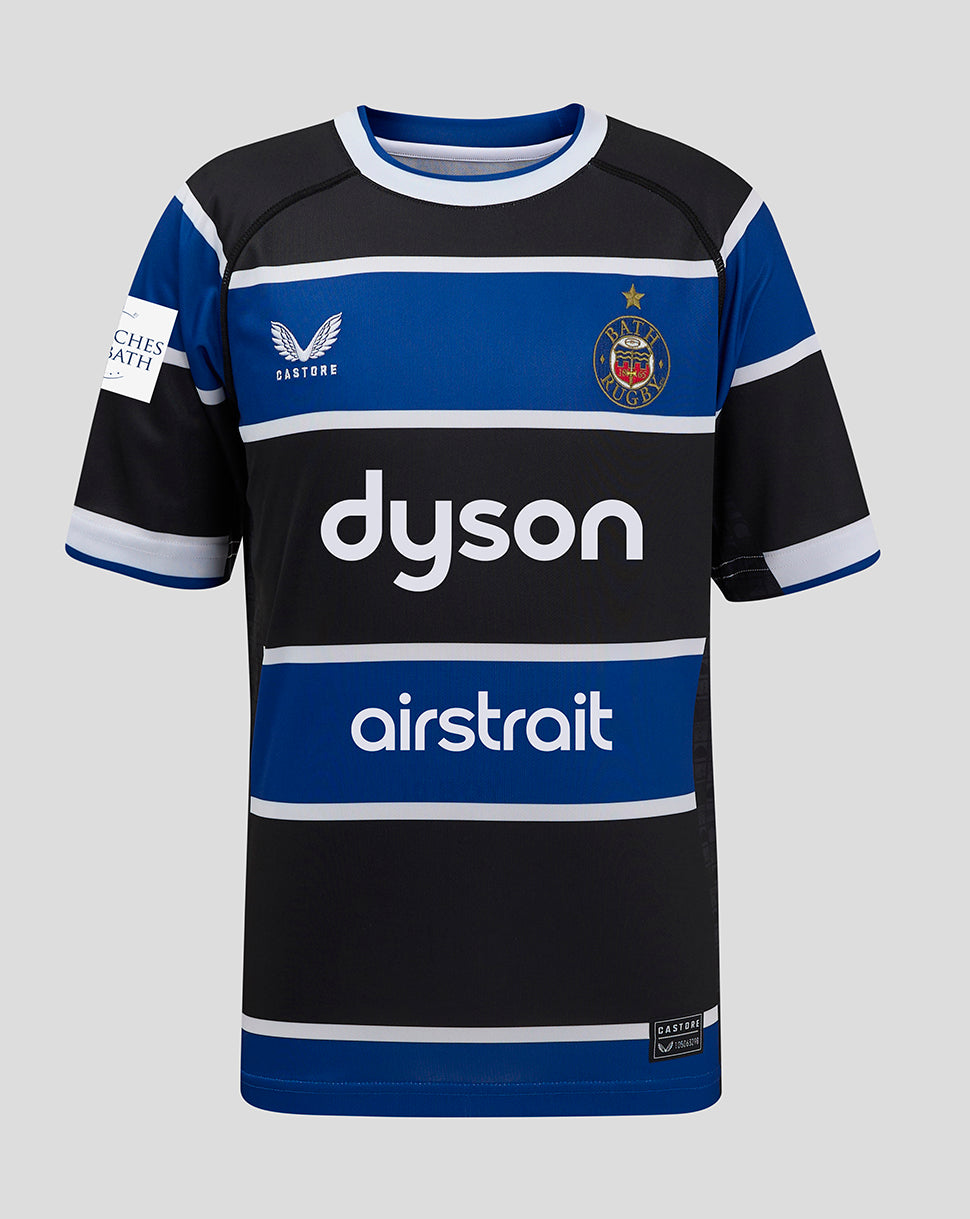 Front view of Bath Rugby Junior 24/25 Home Shirt with Dyson sponsor and Bath crest on a blue stripe, black body with white trim.