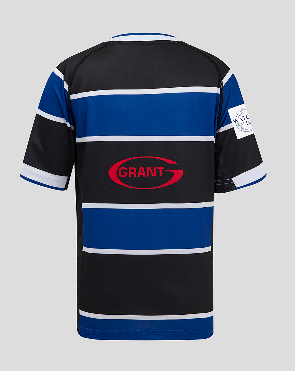 Back view of Bath Rugby Junior Home Shirt featuring Grant sponsor across the blue stripe.