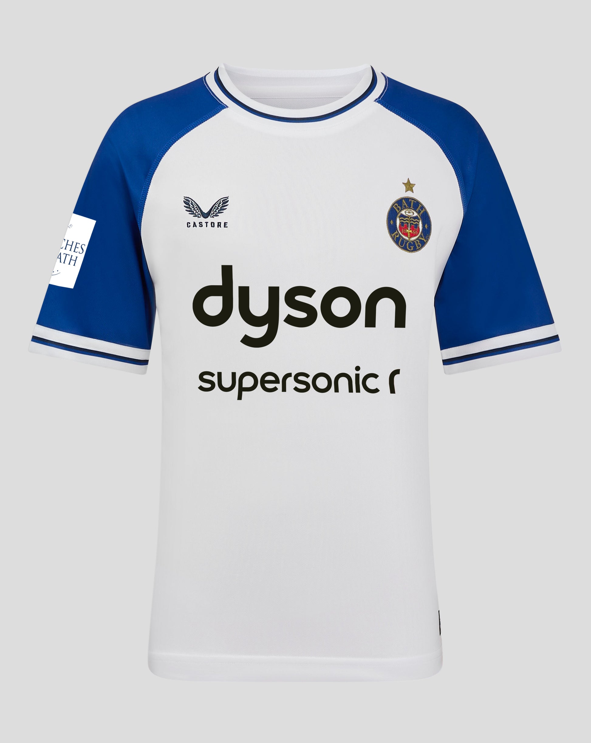 Bath Rugby junior away shirt white with blue raglan sleeves showing club crest on chest and Castore branding
