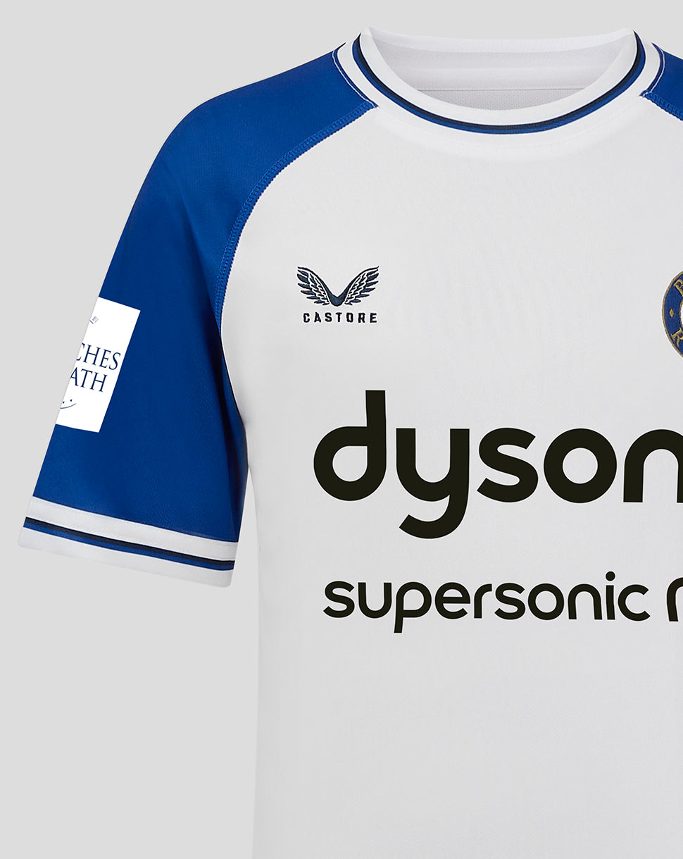 Bath Rugby junior away jersey front in white with blue sleeves and Dyson sponsor across chest