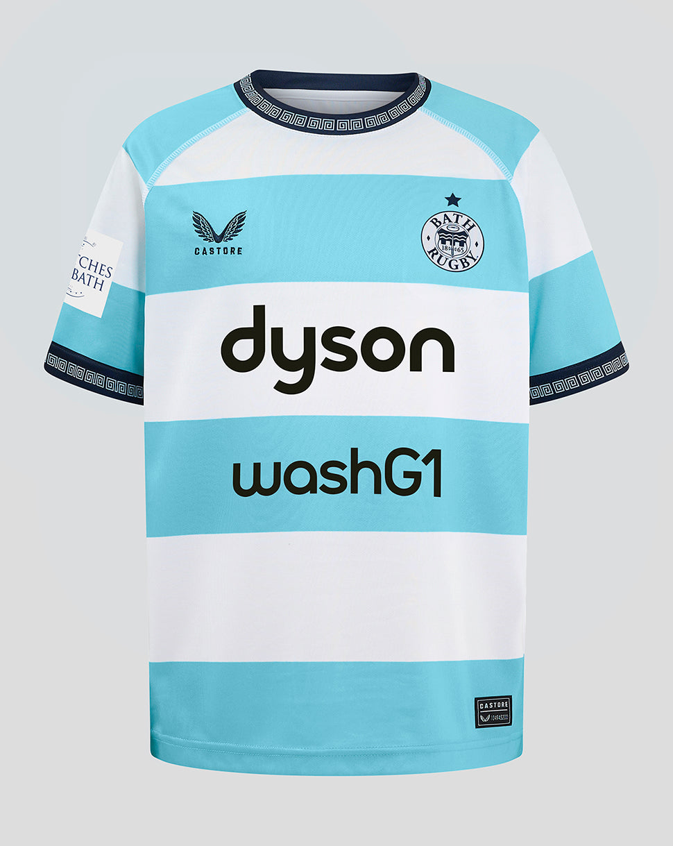 Front view of Bath Rugby Junior Euro Replica Short Sleeve Jersey with turquoise stripes crest left chest and Dyson washG1 sponsor across chest