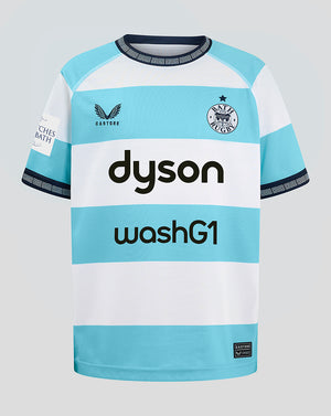 Front view of Bath Rugby Junior Euro Replica Short Sleeve Jersey with turquoise stripes crest left chest and Dyson washG1 sponsor across chest