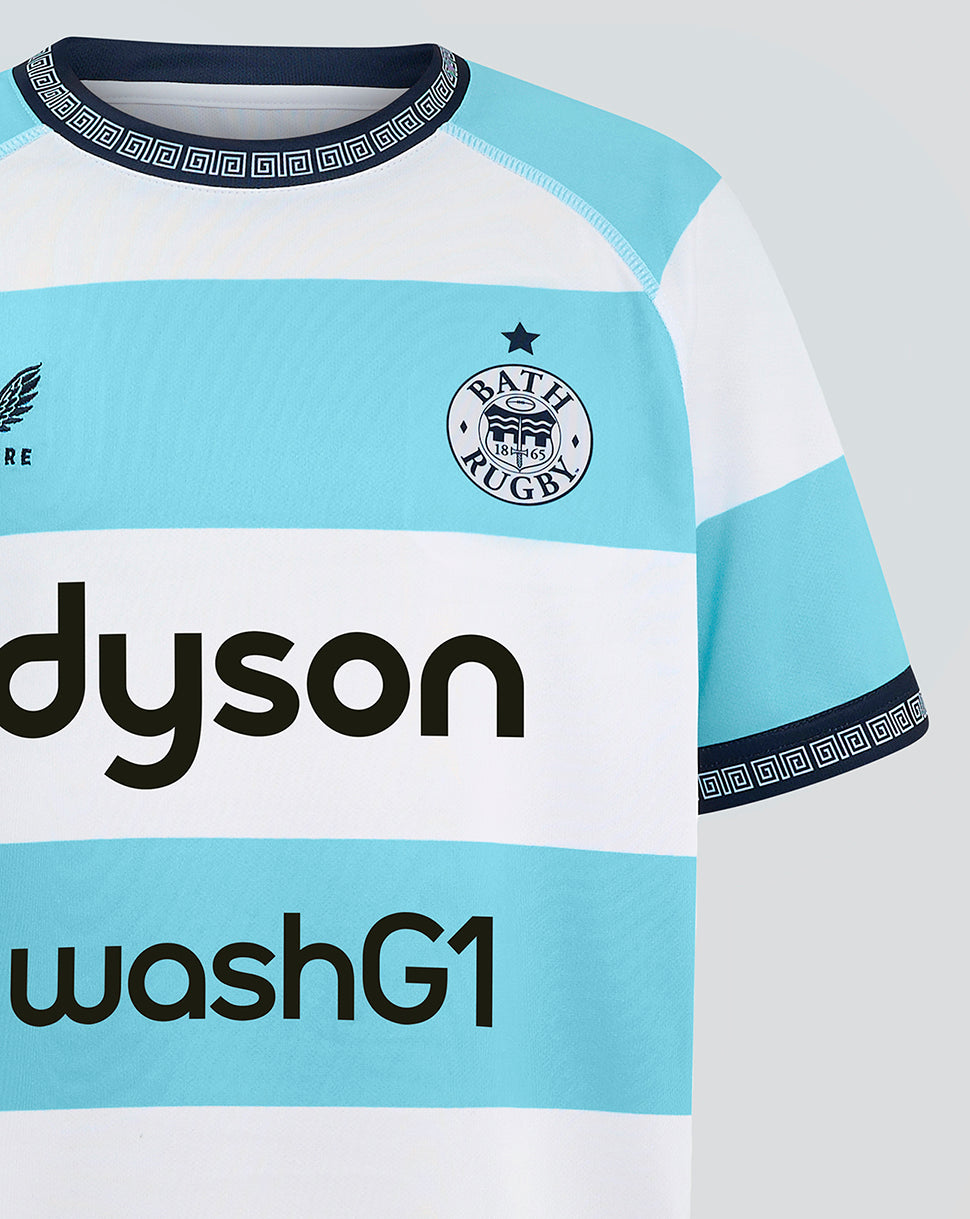 Front view of Bath Rugby Junior Euro Shirt 24/25 with turquoise and white stripes, Dyson sponsor across chest and Bath Rugby crest left chest
