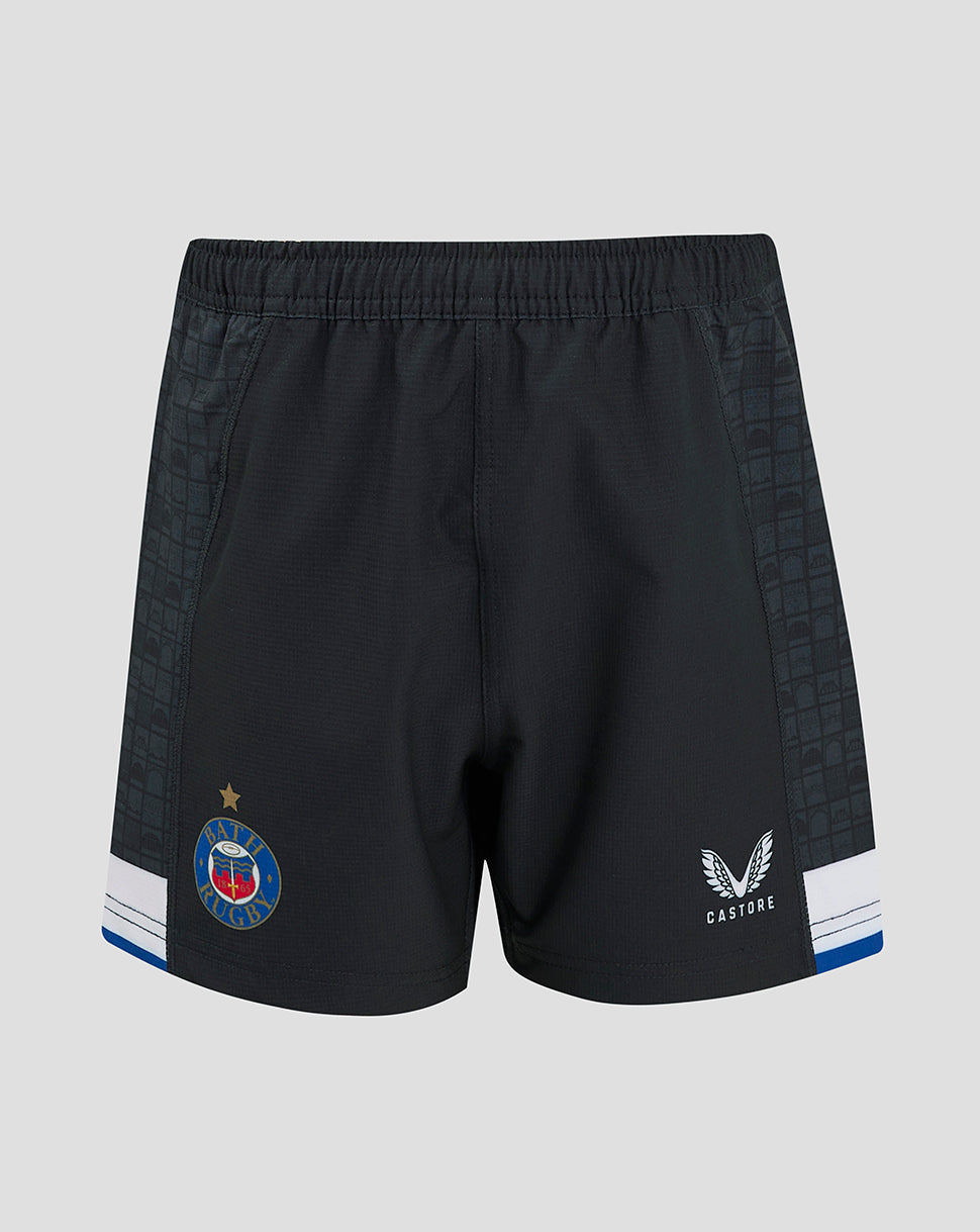 Front view of Bath Rugby Junior Home Shorts in dark navy with Bath crest on the right thigh and Castore logo on the left thigh