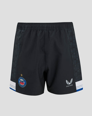 Front view of Bath Rugby Junior Home Shorts in dark navy with Bath crest on the right thigh and Castore logo on the left thigh