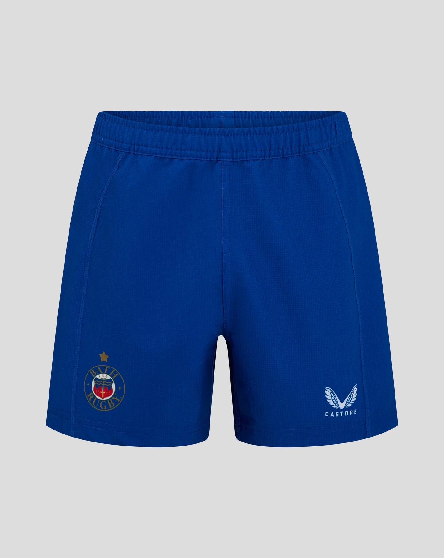 Blue Bath Rugby junior away shorts with elastic waistband, Bath Rugby crest and Castore logo