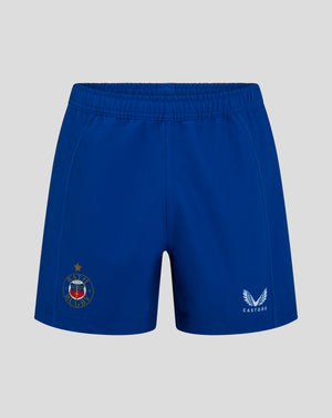Blue Bath Rugby junior away shorts with elastic waistband, Bath Rugby crest and Castore logo