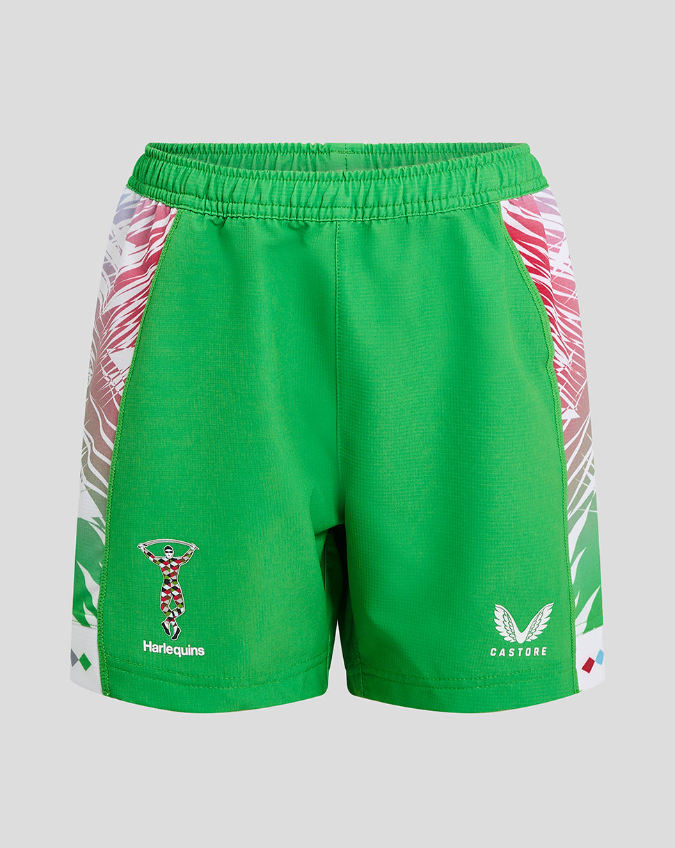 Green Harlequins junior away shorts with patterned side panels and crest on the left leg.