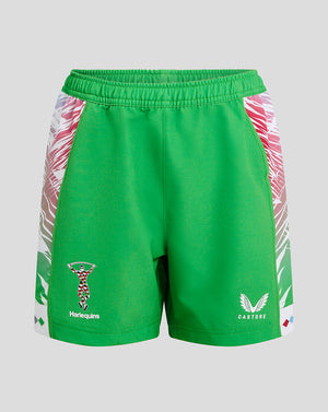 Green Harlequins junior away shorts with patterned side panels and crest on the left leg.
